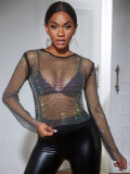 Glitter Rhinestone Mesh Hollow Out Long Sleeve Top