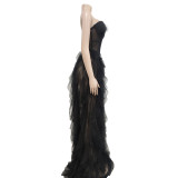 Solid Strapless Mesh Faux Fur Trim See Through Maxi Dress