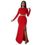 Sexy Cut Out Long Sleeve Contrast Slit Maxi Dress