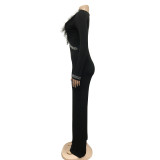 Fashion Feather Trim Rhinestone V-Neck Long Sleeve Ladies Jumpsuit