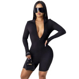 Solid Long Sleeve Embroidered Letter Zipper Tight Rompers