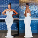 See Through Mesh Rhinestone Straps Cutout Maxi Dress