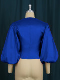 Solid V Neck Balloon Sleeve Button Blouse Cropped Tops