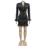 Long Sleeve Double Breasted Feather Lace Patchwork Fashion Blazer Dress