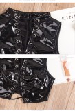 Sexy Lace-Up 2PCS Set Hollow Out PU Leather Black Sleeveless Crop Top and Skirt