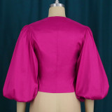 Solid V Neck Balloon Sleeve Button Blouse Cropped Tops
