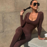 Sexy Scoop Neck Long Sleeve Solid Tight Sports Jumpsuit