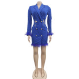 Long Sleeve Double Breasted Feather Lace Patchwork Fashion Blazer Dress