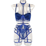 Three-Piece Molded Cup Push Up Bra Garter Lace Sexy Lingerie Set