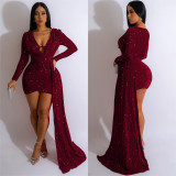 Fashion Sequin V-Neck Long Sleeve Club Dress