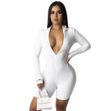 Solid Long Sleeve Embroidered Letter Zipper Tight Rompers