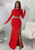 Sexy Cut Out Long Sleeve Contrast Slit Maxi Dress