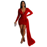 Fashion Sequin V-Neck Long Sleeve Club Dress