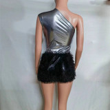One Shoulder Metallic Bodysuit + Plush Skirt 2PCS Set