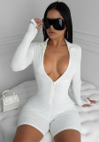 Solid Long Sleeve Embroidered Letter Zipper Tight Rompers