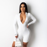 Solid Long Sleeve Embroidered Letter Zipper Tight Rompers