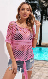 Solid Hollow Out Short Sleeve Bikini Beach Cover Up Knitting Top