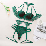 Three-Piece Molded Cup Push Up Bra Garter Lace Sexy Lingerie Set