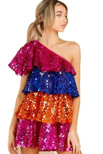 Sequined Slash Shoulder Contrast Layered Dress
