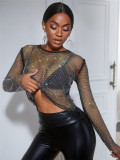 Glitter Rhinestone Mesh Hollow Out Long Sleeve Top