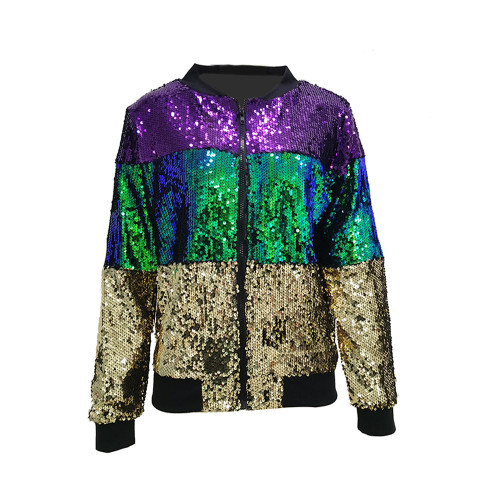 Trendy Color Block Sequin Casual Jacket