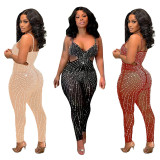 Sexy Mesh See-Through Rhinestone Sleeveless Straps Cutout Party Jumpsuit