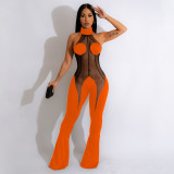 Sexy Mesh Patchwork Halter Sleeveless Flare Jumpsuit