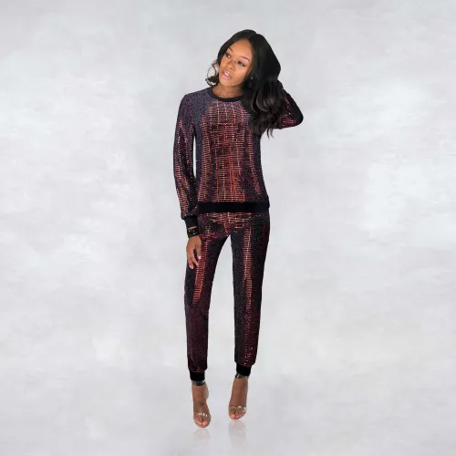 Red O-Neck Long Sleeves Sparkly Top And Sweatpants 2PCS Set