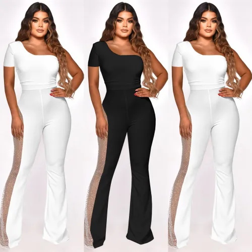 Fashion Mesh Patchwork Rhinestone Salsh Shoulder Short Sleeve Jumpsuit