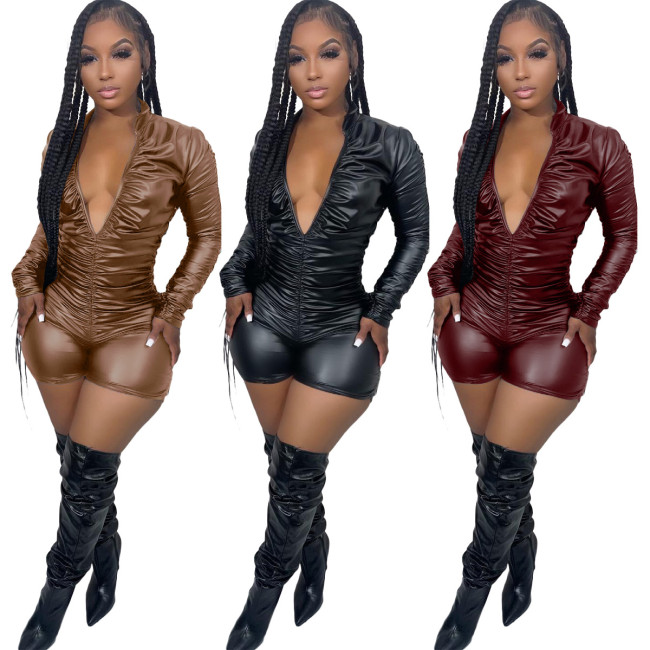 Solid V-Neck Long Sleeve Ruched High Stretch PU Leather Rompers