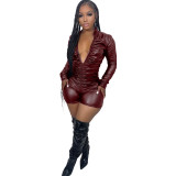 Solid V-Neck Long Sleeve Ruched High Stretch PU Leather Rompers
