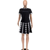 Fashion Skirt Set Houndstooth Short Sleeve Two Pieces