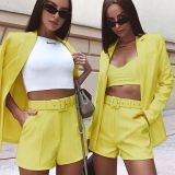 Solid Blazer and Shorts Trendy 2PCS Set with Belt