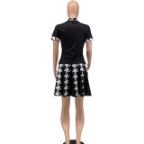Fashion Skirt Set Houndstooth Short Sleeve Two Pieces