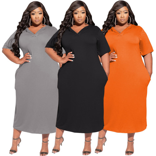 Plus Size Solid Casual Ripped Hooded Long Dress