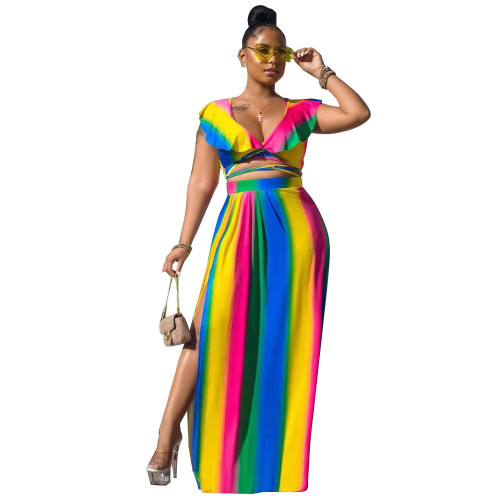 Plus Size Rainbow Print Ruffles Crop Top and Slit Long Skirt Two Pieces