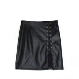 Lace-Up Slit Black PU Leather Bodycon Skirt
