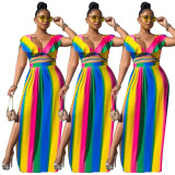 Plus Size Rainbow Print Ruffles Crop Top and Slit Long Skirt Two Pieces