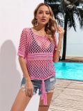 Solid Hollow Out Short Sleeve Bikini Beach Cover Up Knitting Top