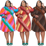 Plus Size Striped Print Loose Pleated Dress with Belt