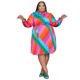 Plus Size Striped Print Loose Pleated Dress with Belt