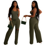 Casual Solid Ripped Loose Pants with Sleeveless Bodysuit Fashion Two Pieces Set