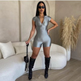 Solid Short Sleeve Zipper Tight Jumpsuit