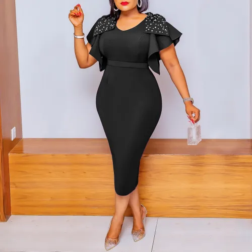 Solid Rhinestone Ruffles Sleeve Miid Dress