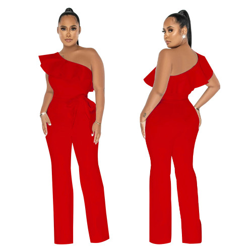 Solid Ruffle One Shoulder Jumpsuit with Belt