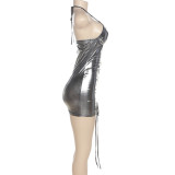Spring Sexy Trendy Halter V-Bar Low Back Drawstring Mini Bodycon Dress