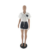 Summer 2-Piece Set Short Sleeve Pocket Crop Top and High Waist Printed Skirt