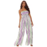 Women Print Casual Strapless High Waist Wide Leg Jumpsuit