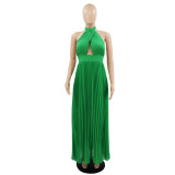 Sexy Halter Backless Pure Color Chiffon Pleated Maxi Dress