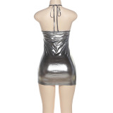 Spring Sexy Trendy Halter V-Bar Low Back Drawstring Mini Bodycon Dress